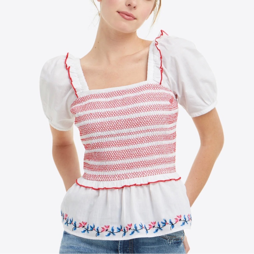 Draper James Camellia Embroidered Peplum Top - Size L